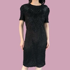 Black Beaded Short Sleeve Cocktail Dress